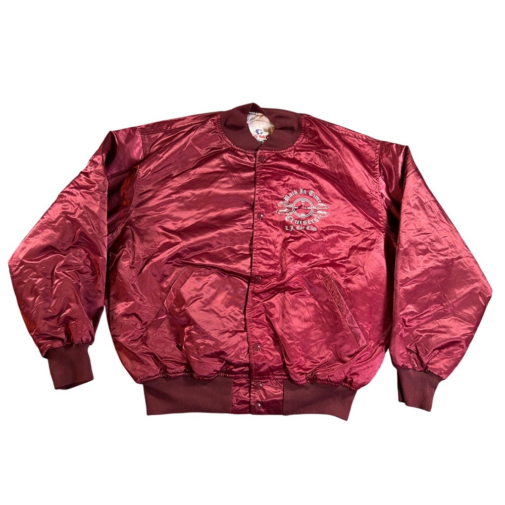 Vintage Game Sportswear Bomber Jacket Mens XL Maroon Satin Car Club Back In Time
